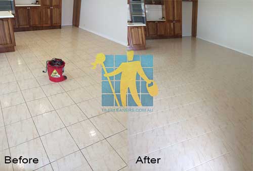 Sunshine Coast porcelain kitchen floor before and after cleaning and sealing