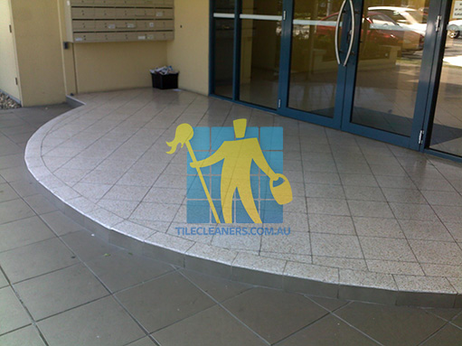 terrazzo tiles building entrance empty before cleaning angle shot dirty 