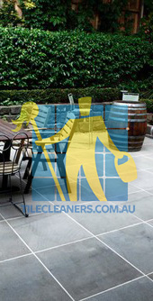 Gold Coast/Bundall bluestone tiles black outdoor white grout lines with furniture