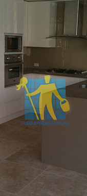 kitchen with clean porcelain floor tiles after cleaning by tile cleaners Perth/Kalamunda