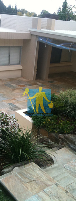 outdoor backyard and stairs with slate tiles natural unsealed irregular pattern large area Gold Coast