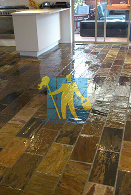 shiny floor with slate tiles after sealing still looking wet dark regular shape and size Canberra/Belconnen/Latham