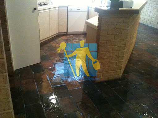 Dry Creek slate tiles in kitchen floor after sealing with shiny topical sealer