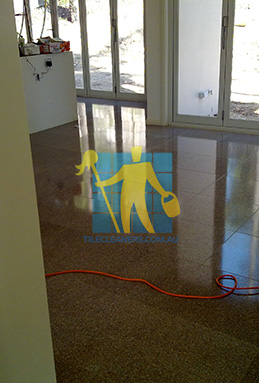 terrazzo tiles with light shadow from windows during cleaning job Gold Coast/Southern Moreton Bay Islands