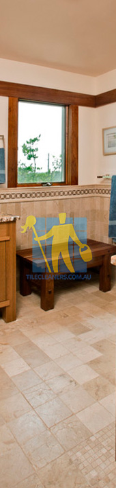 travertine tiles floor bathroom tumbled with mosaic corner wooden cabinets Adelaide