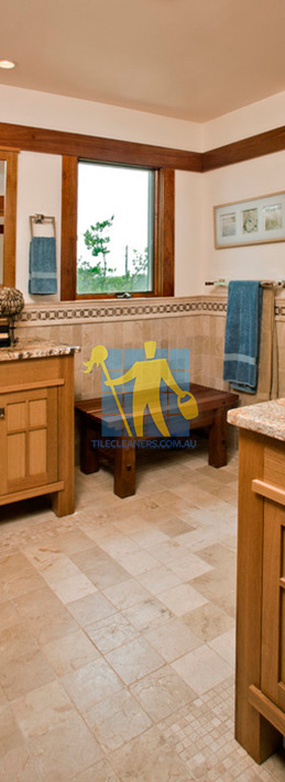 travertine tiles floor bathroom tumbled with mosaic corner wooden cabinets Adelaide Enfield/Campbelltown/Magill