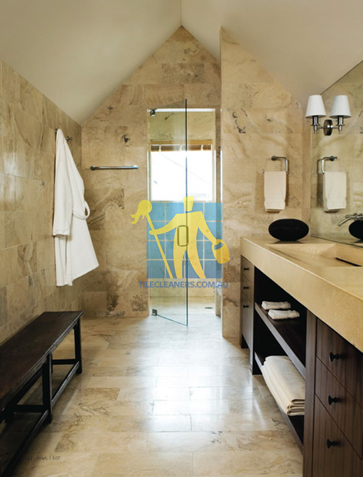 travertine tiles bathroom floor wall shower with dark veining Unley