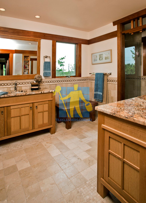 travertine tiles floor bathroom tumbled with mosaic corner wooden cabinets Mount Pleasant
