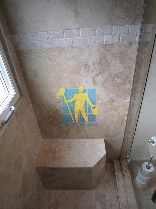 travertine tiles floor wall bathroom natural stone shower with seat Bellbird Park